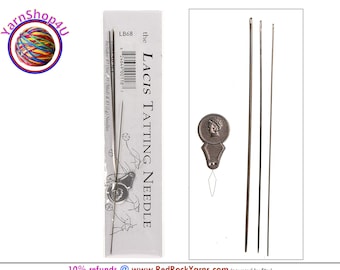 Tatting Needle Thread Set in 3 sizes with threader. This set includes needles in sizes 7, 5, and 3 Lacis #LB68