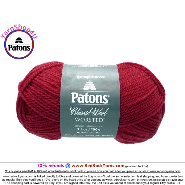 SCARLET - Patons Classic Wool Worsted Yarn Medium Weight (4). 100% wool yarn. 3.5oz | 194 yards (100g | 177m)