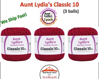 CARDINAL RED 3 pack! Aunt Lydia's Classic 10 Crochet Thread. 350yds. Item #154-0196