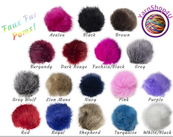 5" Large Faux Fur Pom Poms with Elastic Loop. Pick A Color! 100% Acrylic in 17 colors! Pepperell #FPALL