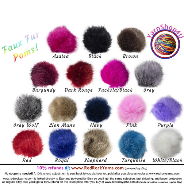 5" Large Faux Fur Pom Poms with Elastic Loop. Pick A Color! 100% Acrylic in 17 colors! Pepperell #FPALL