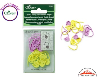 12 Large Clover Quick Locking Stitch Markers in a reusable vinyl storage pouch. 6 Purple and 6 Yellow per pack. Clover #3032