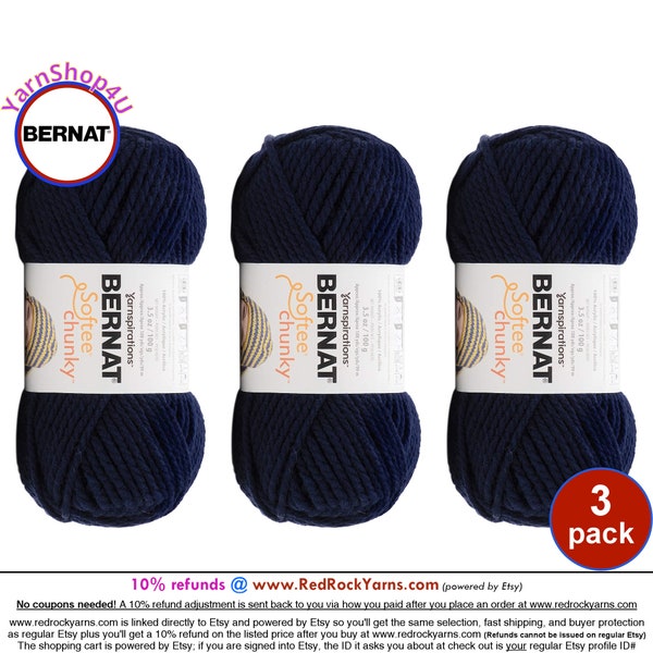 NAVY NIGHT 3 pack! Bernat Softee Chunky Yarn Super Bulky Yarn. 3.5oz | 108yds | 100% Acrylic Yarn. 3 skeins per pack = Bulk Buy!