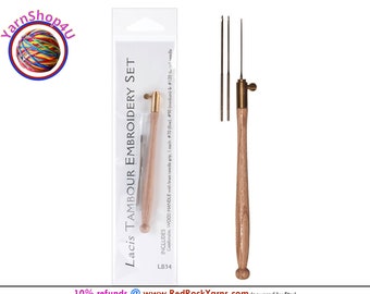 Lacis Tambour Embroidery Set. Wood Handle. Brass needle grip. 3 Needles: #70 (fine), #90 (medium), #120 (large). Lacis #LB34