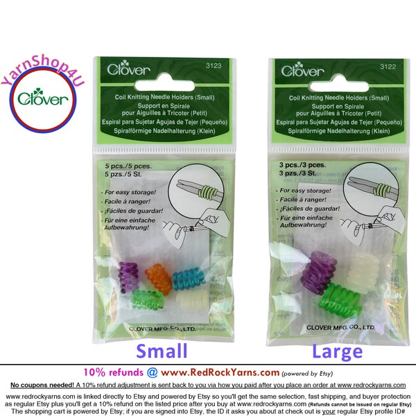 CLOVER COIL Needle Holders in Sizes S & L. Small 5/pk Single Points 2 to 9 (DPNs 0 to 6). Large 3/pk Single Points 10 to 15 (DPNs 7 to 10.5)