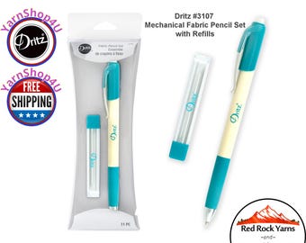 White Dritz Mechanical Fabric Pencil Set & Refills. Includes 1 soft grip pen, 10 ceramic leads, 1 storage tube. Item #3107