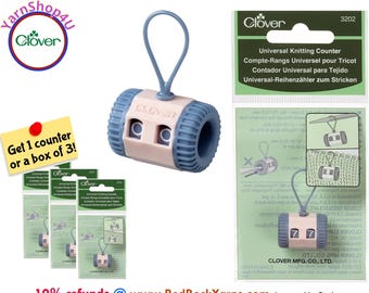 Clover Universal Knitting Counter. Manual Row Counter swivels and slips on needles or hooks. Turn dial to track up to 99 rows. SKU 3202