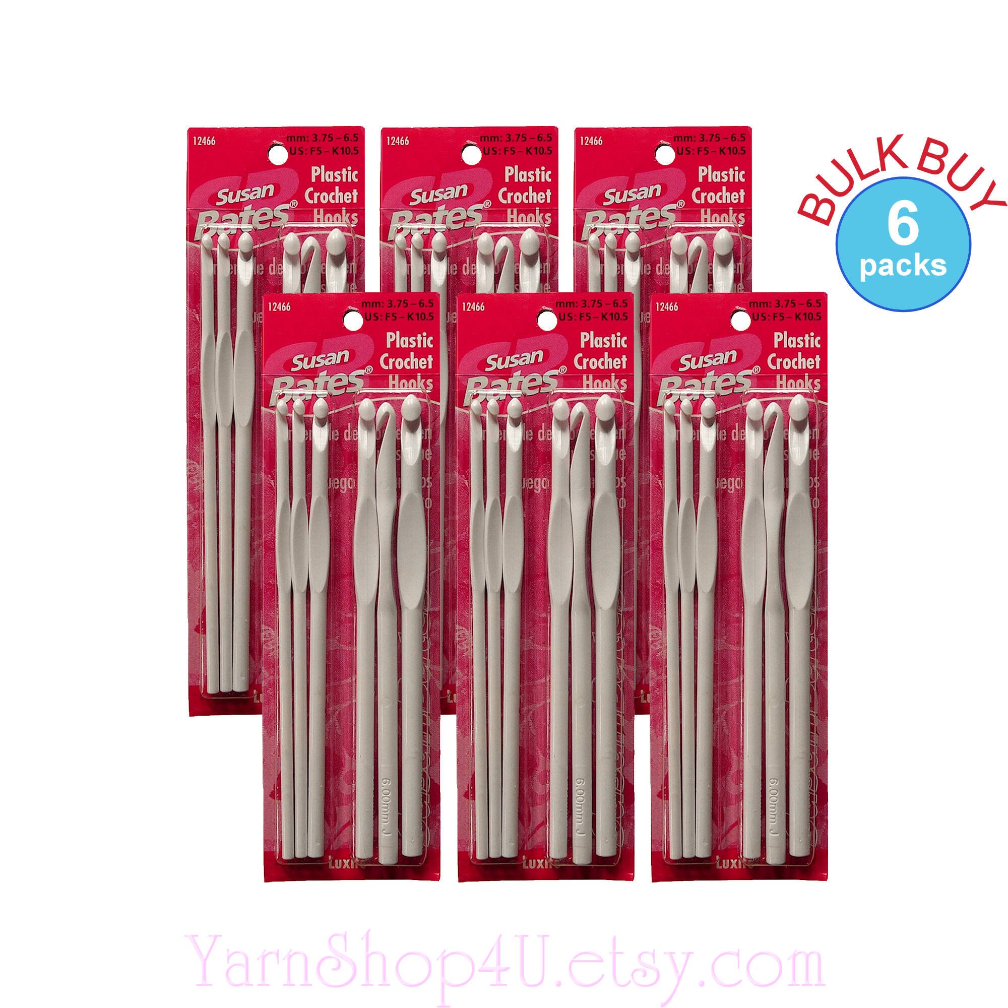 6 packs of 6pc LUXITE Set Susan Bates Crochet hook sets, White plastic
