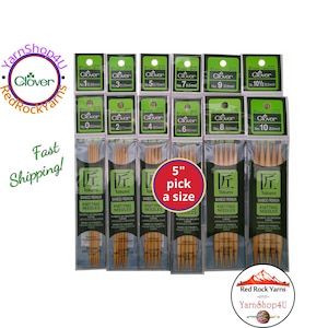 5" Bamboo DPNs. Clover Takumi Double Point Knitting Needles. 5 inches long. 5 needles per package. Sizes 0 to 10.5 [Article #3014]