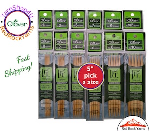 5" Bamboo DPNs. Clover Takumi Double Point Knitting Needles. 5 inches long. 5 needles per package. Sizes 0 to 10.5 [Article #3014]