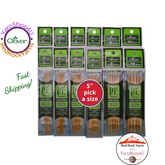 5" Bamboo DPNs. Clover Takumi Double Point Knitting Needles. 5 inches long. 5 needles per package. Sizes 0 to 10.5 [Article #3014]