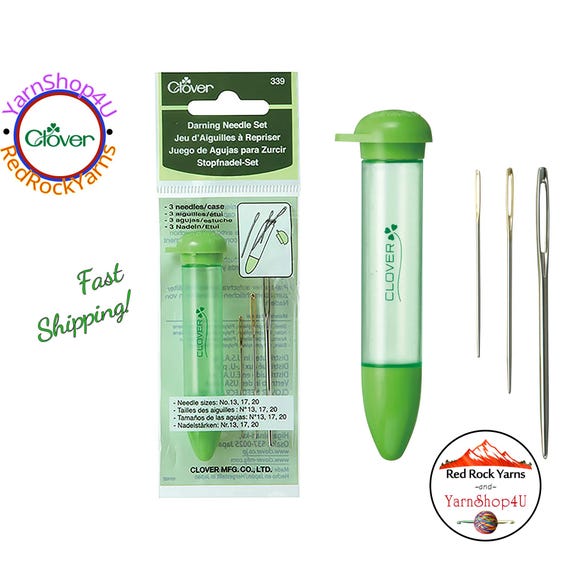 Darning Needle set by Clover with screw top case. Features 3 needle sizes for weaving, and sewing with yarn. Art No 339