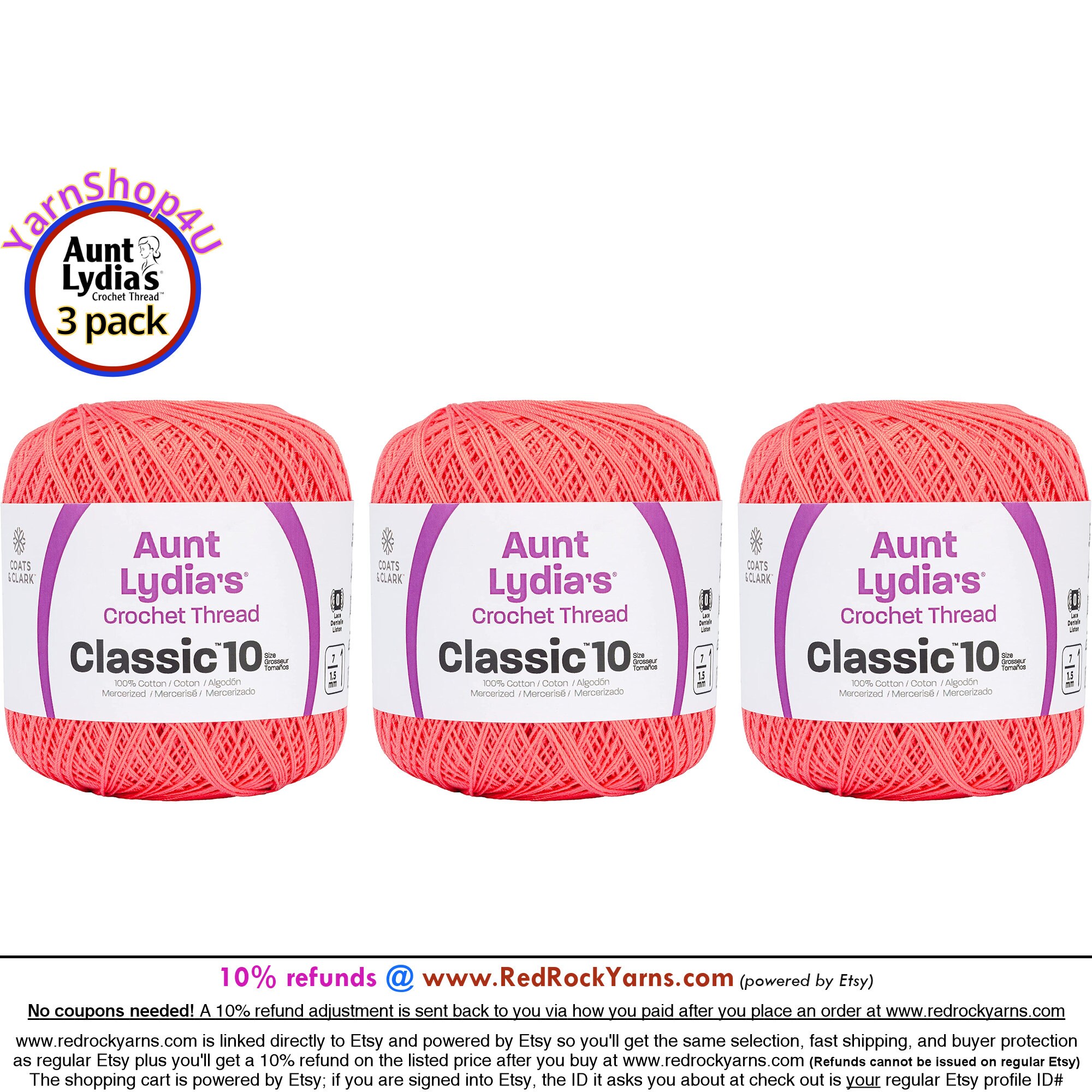 Aunt Lydia's Classic Crochet Thread Size 10-Bright Coral 