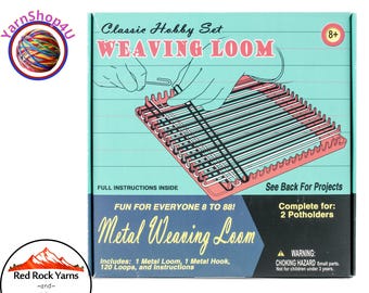 Retro Metal Weaving Loom. Includes 7" Metal Loom, 1 metal hook, 120 loops to make 2 potholders. Pepperell. Kid's Crafts. Age 8+ #RETK04