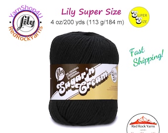 BLACK - Super Size 4oz | 190yds. 100% Cotton yarn. Original Lily Sugar N Cream. Solid Cotton Yarn (4 ounces | 190 yards)