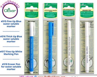 Clover Fabric Pens: Water Erasable Marker available in Blue (FINE #515 or THICK #516), White Marking Pen (FINE #517), or Eraser Pen (#518)