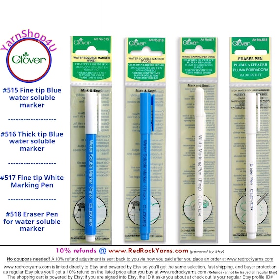 Clover Fabric Pens: Water Erasable Marker Available in Blue FINE 515 or  THICK 516, White Marking Pen FINE 517, or Eraser Pen 518 -  Sweden