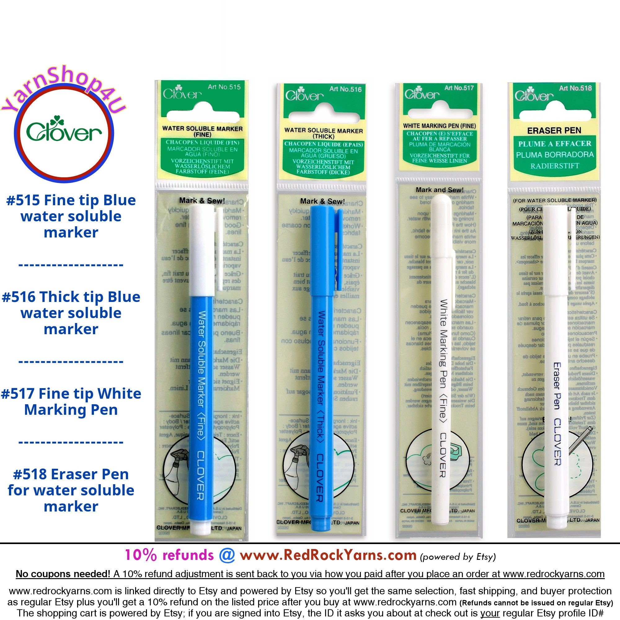 Clover Fabric Pens: Water Erasable Marker Available in Blue FINE