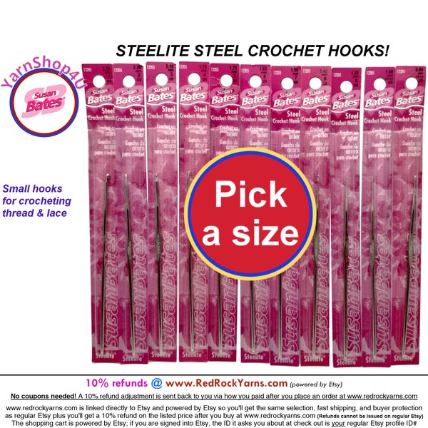 Steelite Crochet Hooks by Susan Bates for crocheting lace and thread. Steel Crochet hooks Sizes 1 (2.35mm) to 13/14 (.9mm) -- [Pick a size]