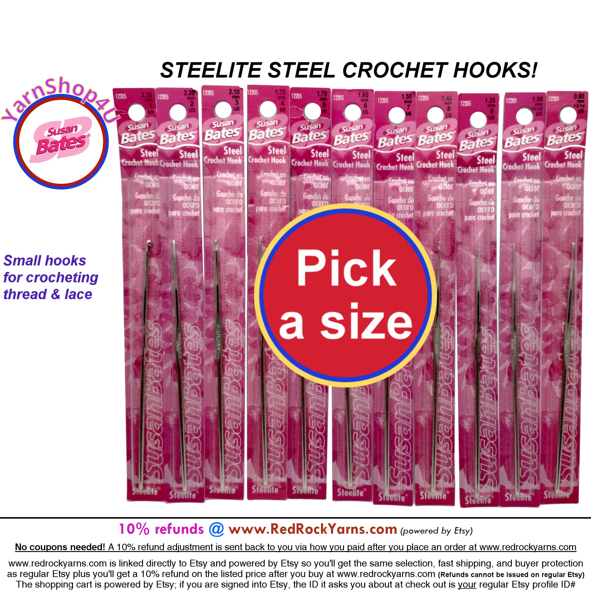 Steelite Crochet Hooks by Susan Bates for Crocheting Lace and Thread. Steel  Crochet Hooks Sizes 1 2.35mm to 13/14 .9mm pick a Size 