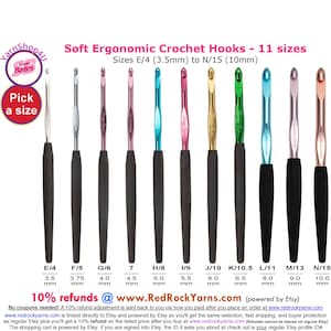 Susan Bates Silvalume Soft Ergonomic Crochet Hooks with Cushioned Grip. Item #12606. Available in E, F, G, 7, H, I, J, K, L, M, N (3.5-10mm)