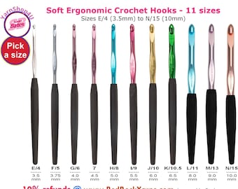 Susan Bates Silvalume Soft Ergonomic Crochet Hooks with Cushioned Grip. Item #12606. Available in E, F, G, 7, H, I, J, K, L, M, N (3.5-10mm)