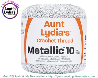 WHITE / SILVER Aunt Lydia's® Cotton Metallic Crochet Thread. 100 yards. Size 10 Lace. 88% Cotton and 12 percent Metallic. 154M-0001S