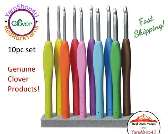 10pc Set Clover Amour Crochet Hook Set. Genuine Clover product! Aluminum head Clover crochet hook set w Comfort Grip Handles. Clover #3672