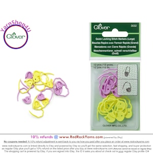 12 Large Clover Quick Locking Stitch Markers in a reusable vinyl storage pouch. 6 Purple and 6 Yellow per pack. Clover #3032