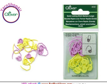 12 Large Clover Quick Locking Stitch Markers in a reusable vinyl storage pouch. 6 Purple and 6 Yellow per pack. Clover #3032