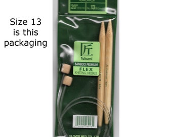 Clover 20" Size 13 (9mm) Bamboo Flex Knitting Needles. Bamboo tips, nylon cord and wood stopper. [vintage discontinued] SKU #3017