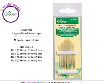 Gold Eye Milliners Needles. 16 hand sewing needlse. (Sizes 3-9) No 3, No 5, No7, No 9. Long needles w/ round eyes. Clover #236