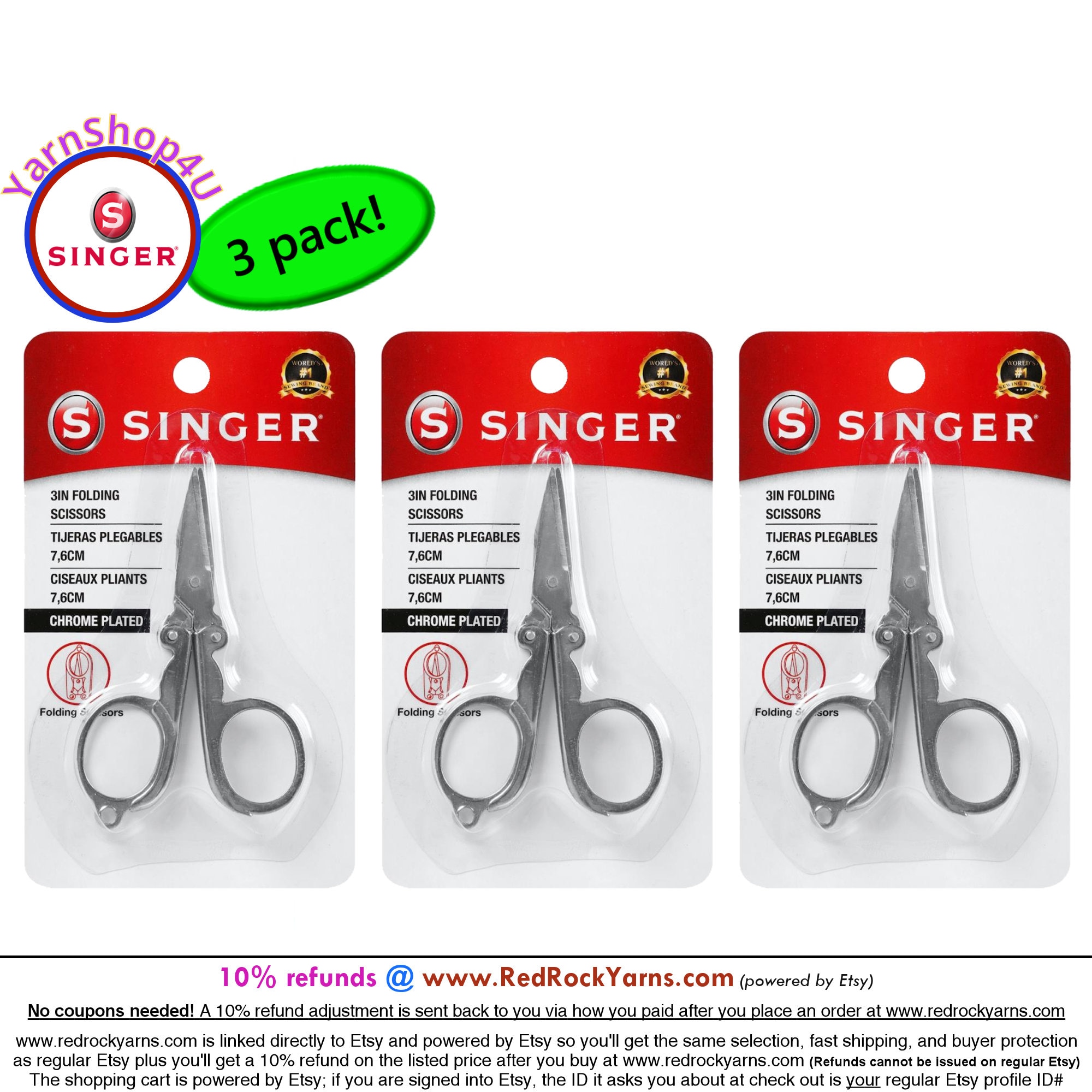 3 Pack! SINGER FOLDING SCISSORS. Chrome-plated steel scissors