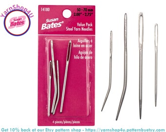 Value Pack: 4 Steel Yarn Needles in different sizes. This Susan Bates pack has both bent tip and straight yarn needles. 2-2.75" long. #14180