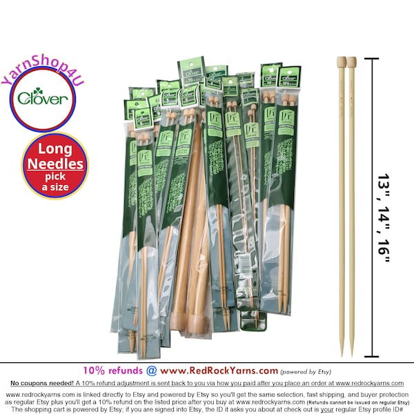 13-16" Bamboo Straight Knitting Needles. Clover Takumi Single point needles. 1 pair/pkg. In 0 to 19 / length by needle size. #3012 & #3019