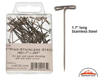 40 count 1.7" Stainless Steel T Pins. for Wet or Steam Blocking; they will not stain or rust. USA. LACIS #UP15
