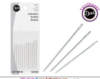 DRITZ 56E-15 Dritz Embroidery Hand Needles. 12 per package. Same as sharps with long eyes. 3 assorted sizes.