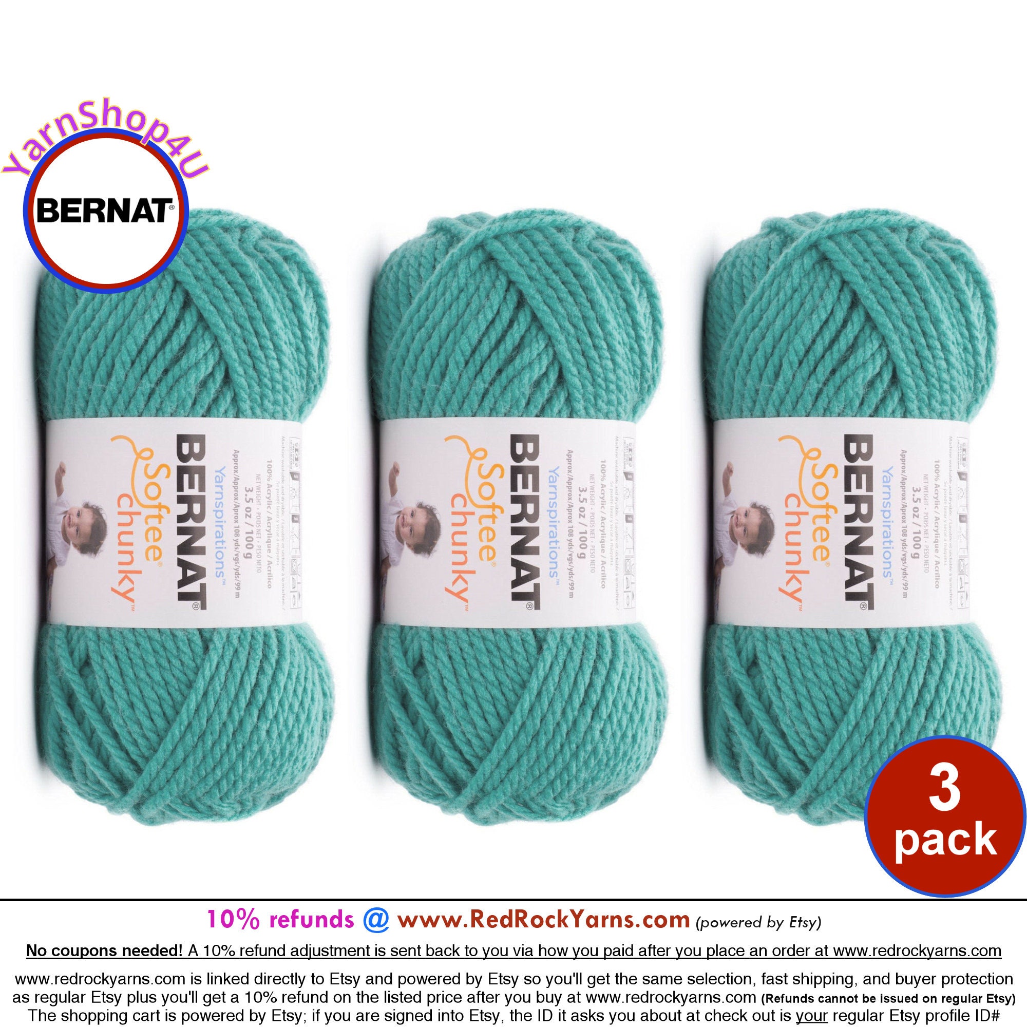 AQUA 3 pack! Bernat Softee Chunky Yarn Super Bulky Yarn. 3.5oz, 108yds