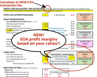 New 6.5% fee Etsy Fee Calculator. USA and Canadian Sellers. Figure Fees, profit! Includes Offsite Ad Ratio calculation! (Excel.XLS & .XLXS)