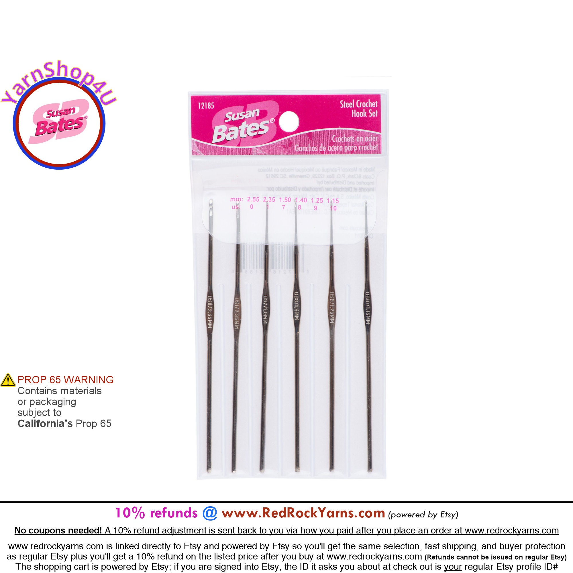 Susan Bates #12185 Steelite 6 Piece Crochet Hook Set Size 0, 1, 7, 8, 9, 10