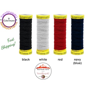 GUTERMANN ELASTIC Sewing Thread Black, White, Red. or Navy (dark blue). 11 yards ea spool. 64% polyester / 36 polyurethane. Pick your color!