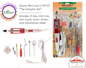 Clover Mini Iron II The Adapter Set includes 5 tips, iron, stand. For Quilting, applique work, doll clothes, etc. SKU 9101