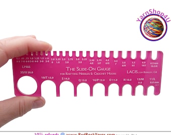 The Slide On Gauge by LACIS for Knitting Needles & Crochet Hooks! Made in USA. Acrylic. Fuchsia color.