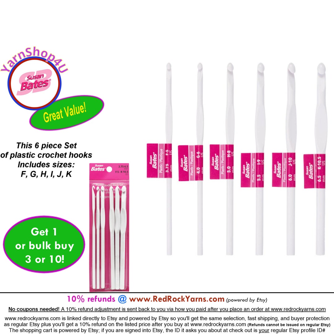 6pc LUXITE Set Susan Bates Plastic Crochet Hook Set, Sizes F5, G6, H8