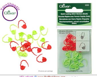 20 Small Clover Quick Locking Stitch Markers in a reusable vinyl storage pouch. 10 Red and 10 lime green per pack. Clover #3030