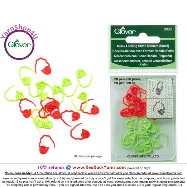 20 Small Clover Quick Locking Stitch Markers in a reusable vinyl storage pouch. 10 Red and 10 lime green per pack. Clover #3030