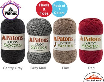 HEELS & TOES! 4 Pack of - Patons Kroy Socks yarn in 4 colors: Gentry Gray, Gray Marl, Flax, and Red. 1.75oz and 166yds each. Bulk Buy.