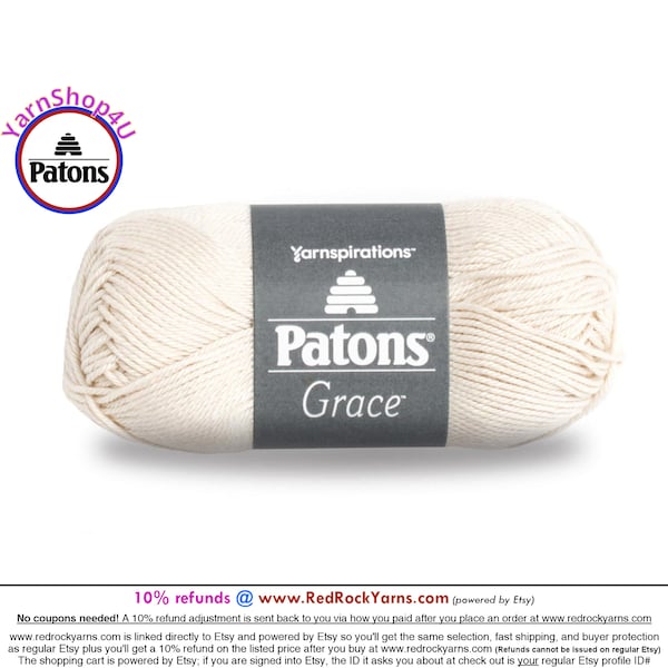 NATURAL Patons Grace yarn Light weight #3. 100% Mercerized Cotton, 1.75 oz | 136 yards (50 g | 125 m) Item #246062, Color #62008