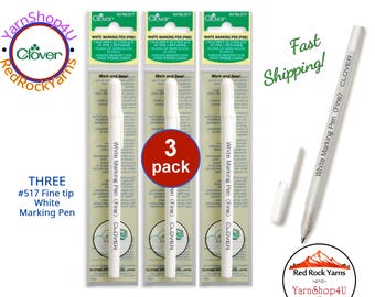 3 pack Clover Fine White Marking Pen. Ink appears in 10-30 seconds. Remove: Iron, wash; will air fade after applying. For dark fabric. #517