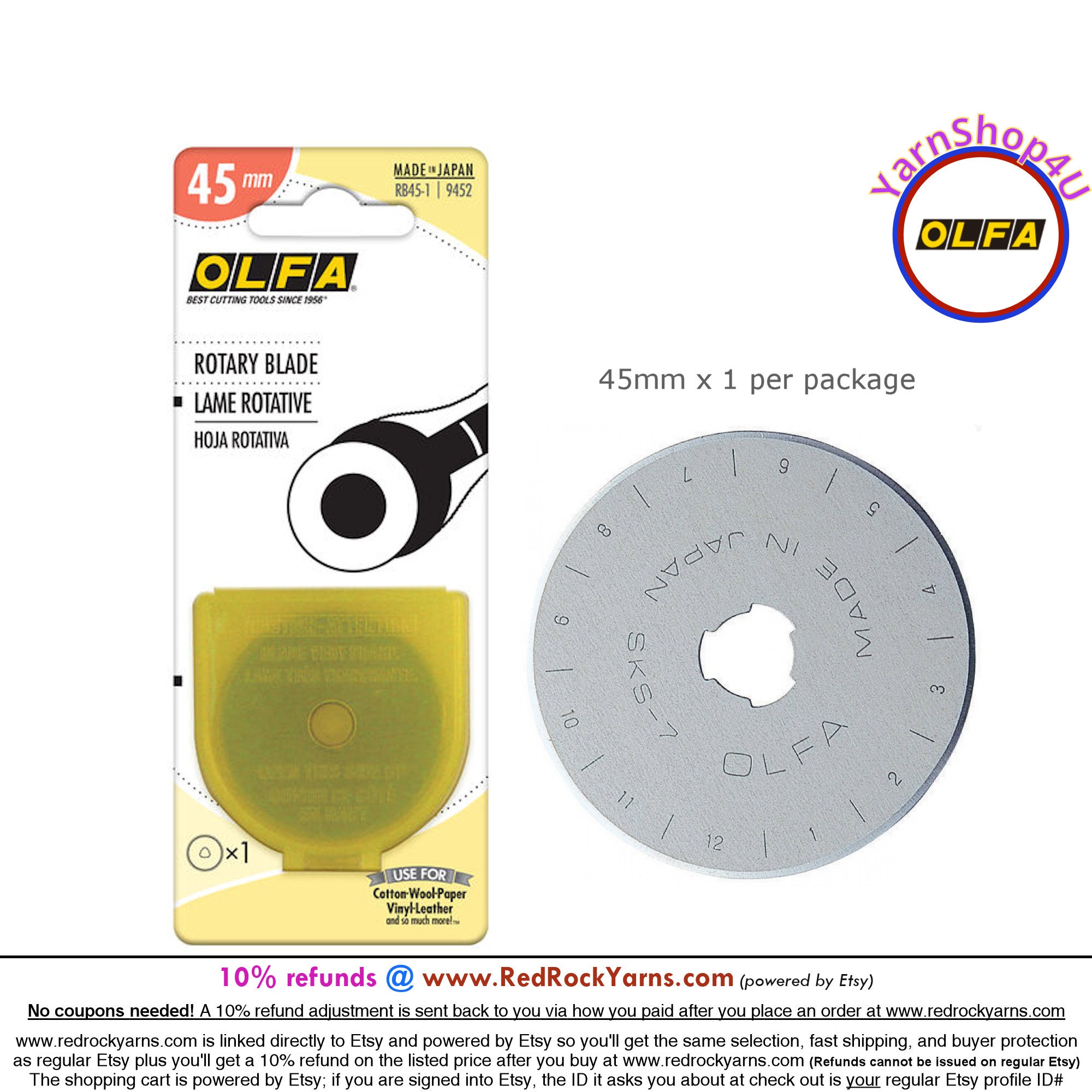 45mm OLFA® Rotary Blade 1 Blade/pkg. Olfa® Brand Rotary Cutting Blade.  Tungsten Steel. Premium Quality, and Sharp Edge. RB45-1 x5.29x 